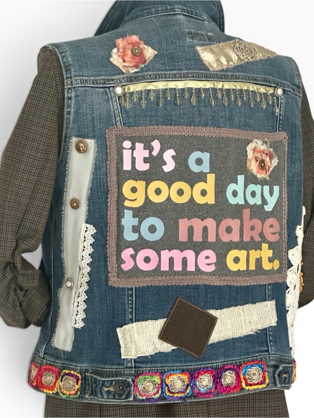 Artsy Wearable Art Boho Denim Vest Sage Savvy L